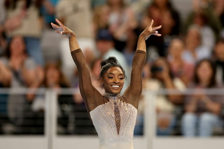 Simone Biles competes in the floor exercise on the way to a ninth national all-around title at the US Gymnastics championships (ELSA)