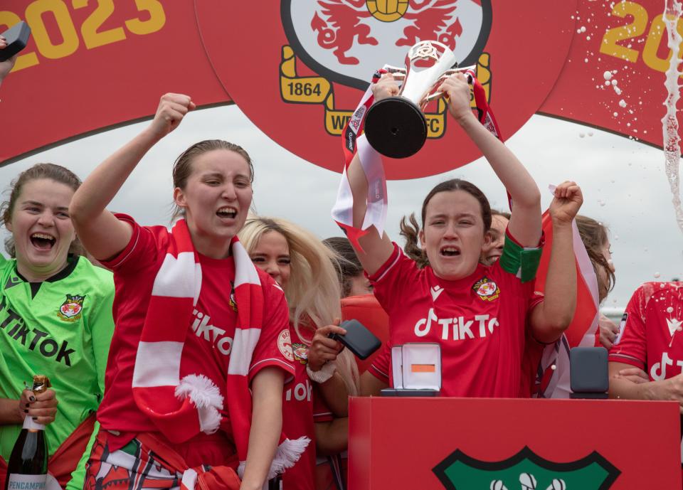 Wrexham, Wrexham County Borough, Wales. 26th March 2023. Wrexham Women's team lifting the Genero Adran North title, during Wrexham Association Football Club Women V Connah’s Quay Nomads Women at The Racecourse Ground, in in the Genero Adran North. (Credit Image: ©Cody Froggatt/Alamy Live News)