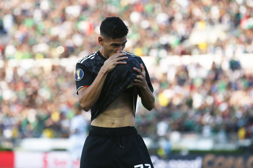 PASADENA, CA - JUNE 15: Uriel Antuna #22 of Mexico celebrates after scoring the first goal of his team during a CONCACAF Gold Cup Group A match between Mexico and Cuba at Rose Bowl on June 15, 2019 in Pasadena, California. (Photo by Omar Vega/Getty Images)