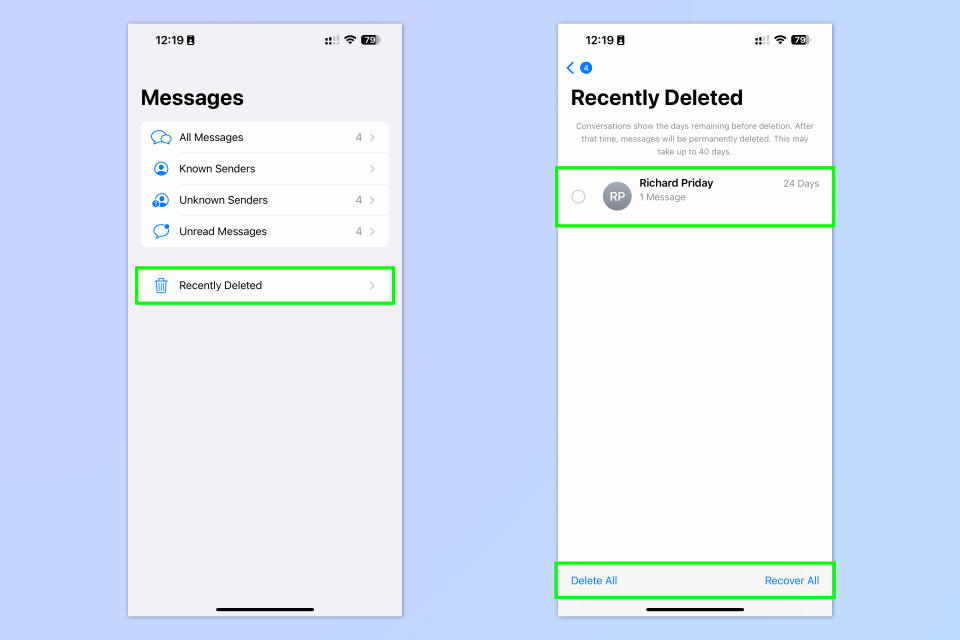 A screenshot showing how to recover deleted messages on iOS Messages