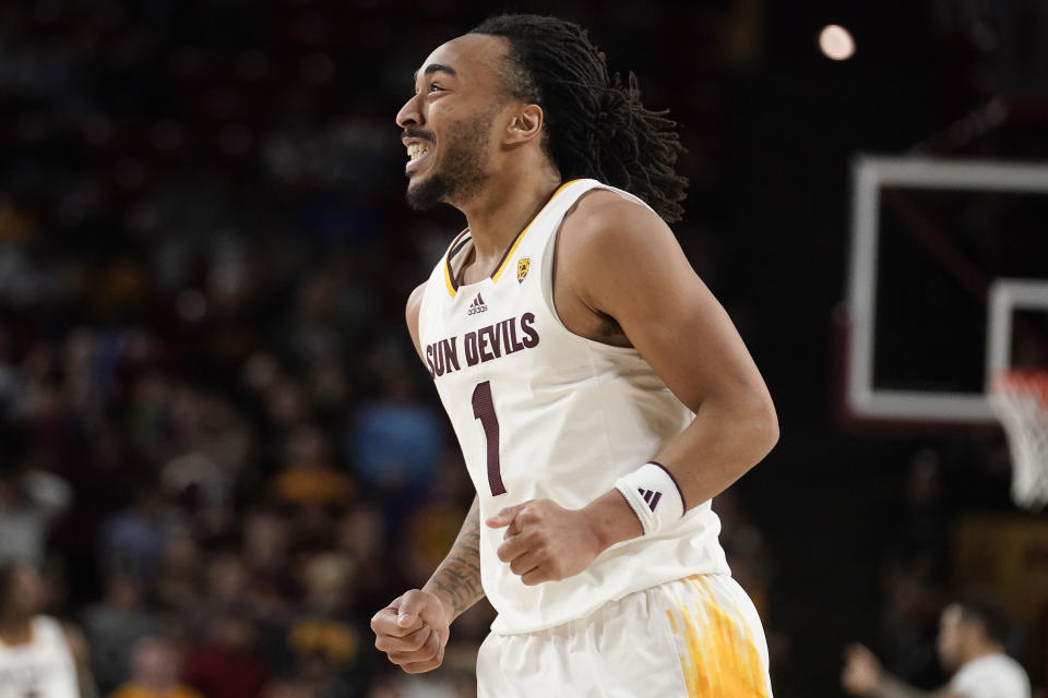 Arizona State's Frankie Collins reacts to a call during the second half of the team's NCAA college basketball game against Utah on Thursday, Jan. 4, 2024, in Tempe, Ariz. (AP Photo/Darryl Webb)