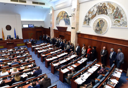 A group of opposition members of VMRO-DPMNE stand to boycott the vote as Macedonian parliament passes constitutional changes to allow the Balkan country to change its name to the Republic of North Macedonia, in Skopje, Macedonia October 19, 2018. REUTERS/Tomislav Georgiev