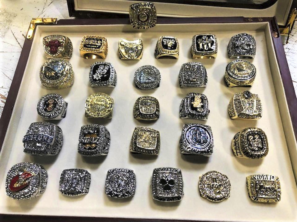 The counterfeit ring collection included knock-offs of vintage rings and those won recently by the Cavaliers and Warriors. (AP)