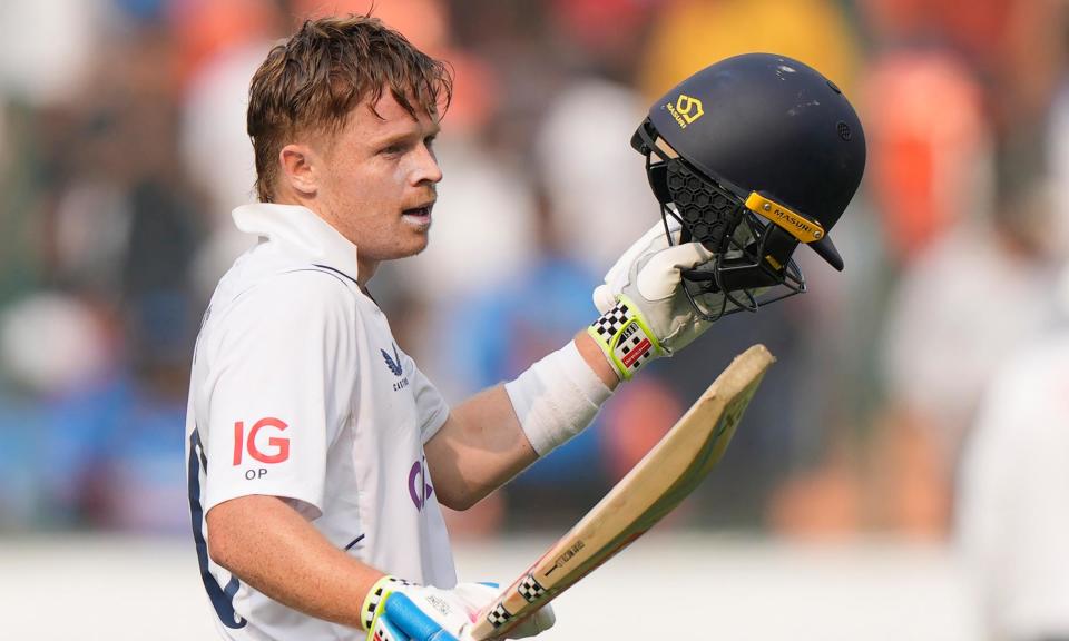 <span>England’s Ollie Pope celebrates reaching his century – he ended day three unbeaten on 148.</span><span>Photograph: Mahesh Kumar A/AP</span>