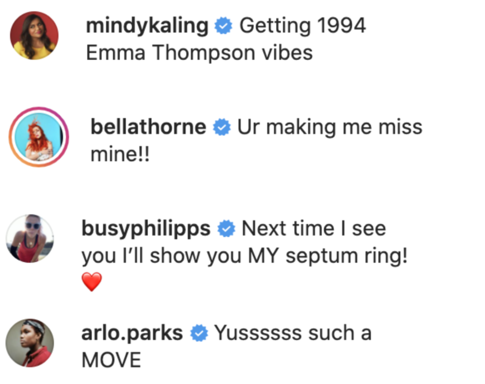 Mindy Kaling said "Getting 1994 Emma Thompson vibes" and Belly Thorne says Flo makes her miss her septum ring