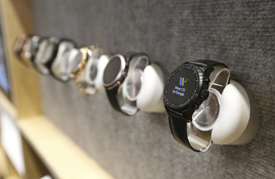 The Google Wear OS watches are on display at CES International, Tuesday, Jan. 8, 2019, in Las Vegas. (AP Photo/Ross D. Franklin)