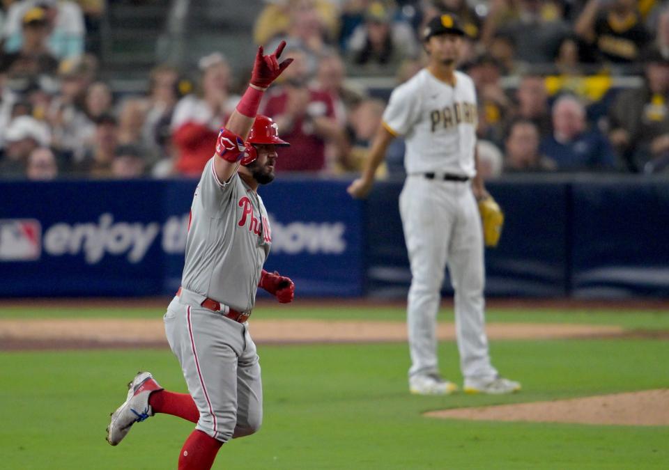 Phillies left fielder Kyle Schwarber rounds the bases after hitting a home run in the sixth inning.