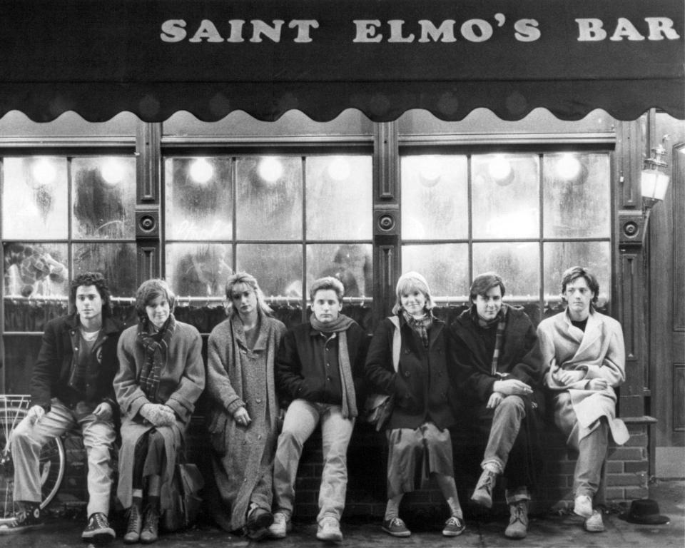 The cast of 'St. Elmo's Fire', directed by Joel Schumacher, 1985. Left to right: Rob Lowe, Ally Sheedy, Demi Moore, Emilio Estevez, Mare Winningham, Judd Nelson and Andrew McCarthy. (Photo by Silver Screen Collection/Getty Images)