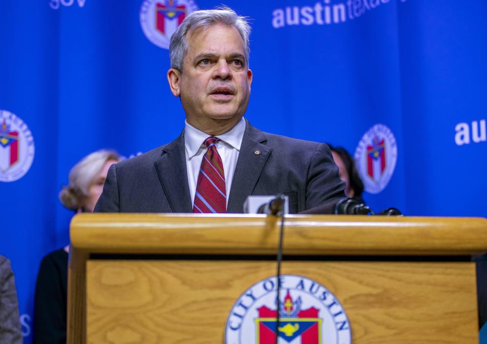 Austin Mayor Steve Adler, seen here at a COVID-19 briefing at City Hall on March 6, says he is worried that a recent spike in coronavirus cases will overwhelm local hospitals.