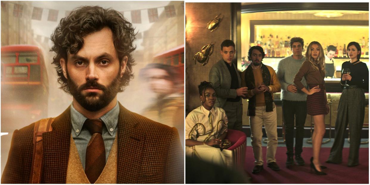 "You" protagonist Joe, played by Penn Badgley, poses in a suit and tie (left). A group of rich British aristocrats in "You" stands at a bar (right).