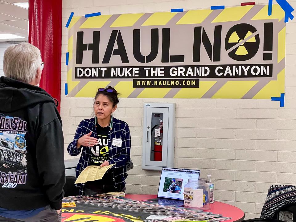 Leona Morgan, co-founder of Haul No!, is invited to the Coconino County Democracy Fair to spread her message opposing uranium mining, milling, and transport on Feb 24, 2024, in Flagstaff, Arizona.