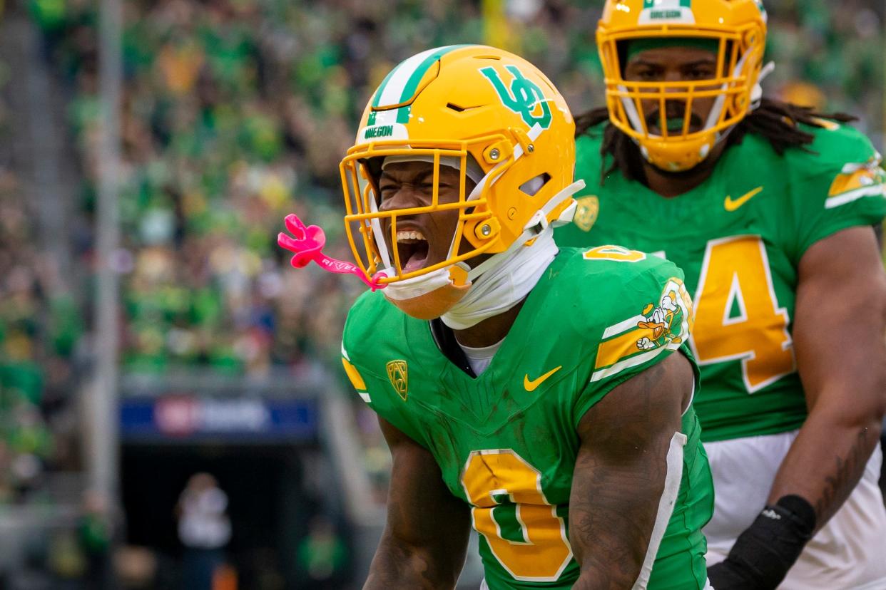 Oregon running back Bucky Irving celebrates a touchdown as the No. 9 Oregon Ducks host Washington State Saturday, Oct. 21, 2023, at Autzen Stadium in Eugene, Ore.