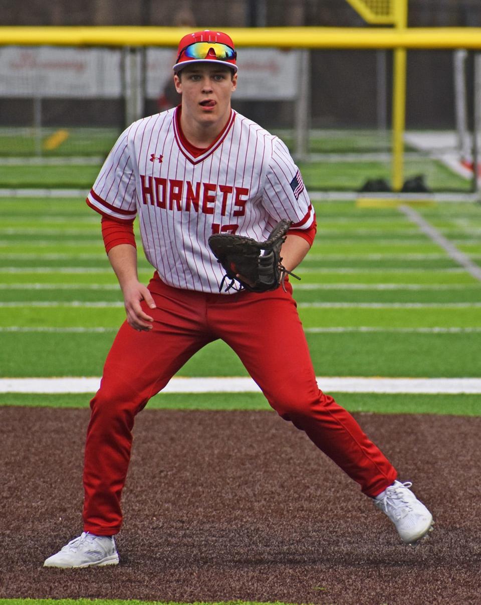 First baseman Trevor Dressler is prepared to pounce for Honesdale in early season action against Crestwood.