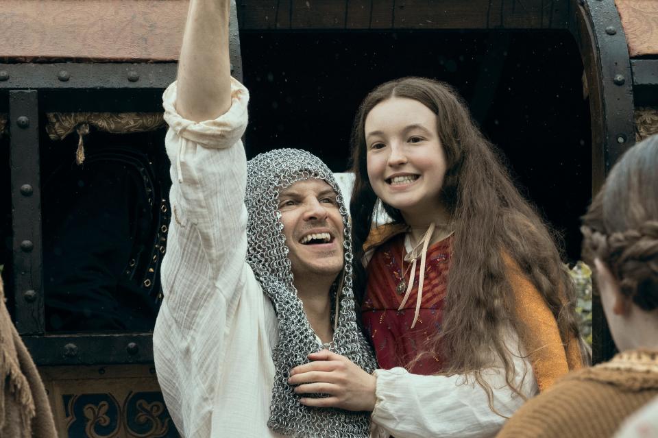 Andrew Scott (left) plays Lord Rollo, and Bella Ramsey is Lady Catherine/Birdy in "Catherine Called Birdy."