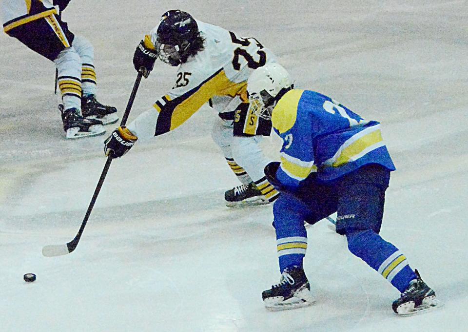 Hudson Hendricks of the Watertown Lakers grabs the puck in front of Micah Kranzler of the Aberdeen Cougars during their SDAHA varsity boys hockey game on Tuesday, Dec. 20, 2022 in Watertown's Maas Ice Arena. Aberdeen pulled away for a 6-3 win.