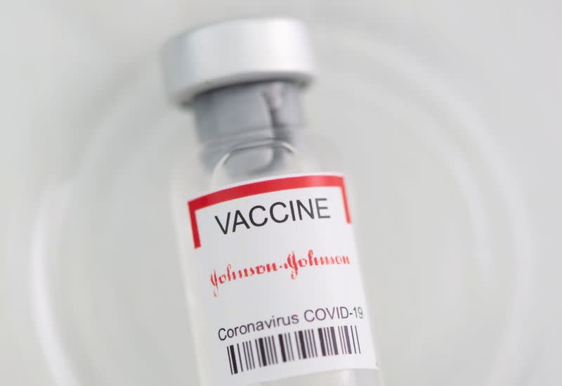 FILE PHOTO: Vial labelled "Johnson&Johnson coronavirus disease (COVID-19) vaccine" is seen in this illustration picture