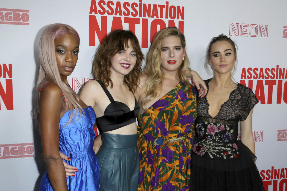 Abra, from left, Odessa Young, Hari Nef and Suki Waterhouse, members of the cast, arrive at the LA Premiere of "Assassination Nation" at the Arclight Hollywood on Wednesday, Sept. 12, 2018, in Los Angeles. (Photo by Willy Sanjuan/Invision/AP)