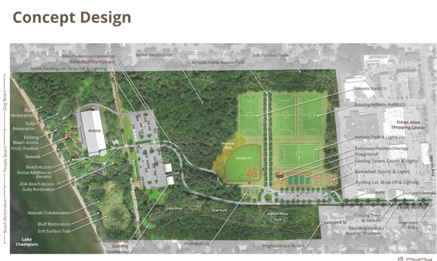 A map shows the potential layout of the future Leddy Park, with some aspects, such as the location of the playground, not yet completely finalized. Leddy Park's Comprehensive Plan is a long-term plan that will guide the development of the park.