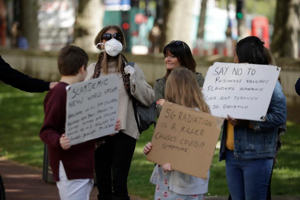 Anti-5G protesters near Scotland Yardin London, Saturday, May 2, 2020.