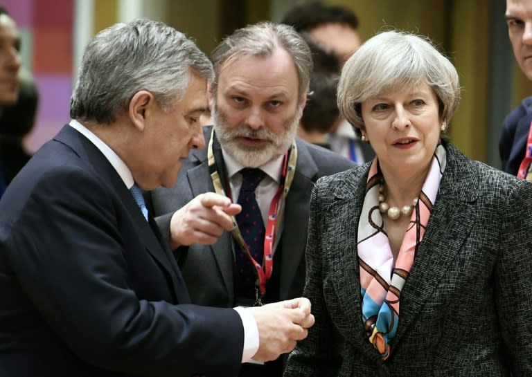 Britain's Prime Minister Theresa May (R) with EU Parliament President Antonio Tajani (L) at a summit earlier in in Brussels