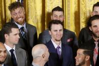 San Francisco Giants outfielder Hunter Pence (top L) reacts to quips about him by U.S. President Barack Obama (not pictured) during a reception for the Giants, Major League Baseball's 2014 World Series champions, in the East Room of the White House in Washington, June 4, 2015. REUTERS/Jonathan Ernst