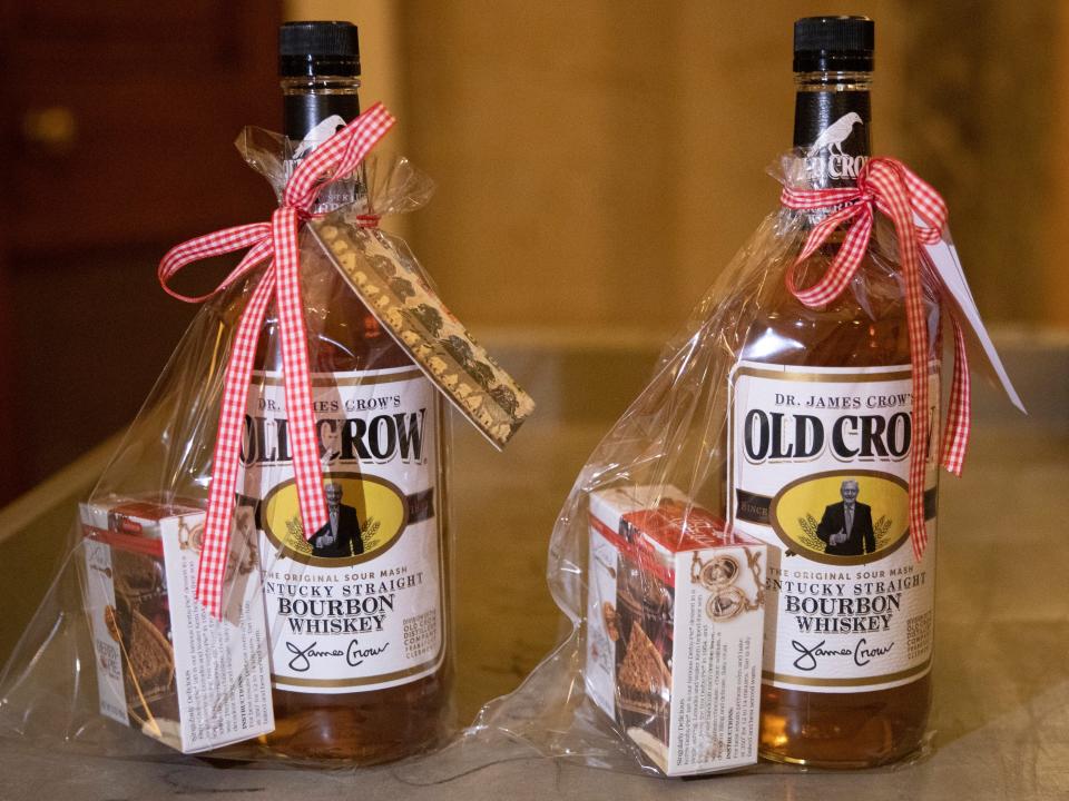 Bottles of Old Crow Bourbon with a picture of Senate Minority Leader Mitch McConnell on them.