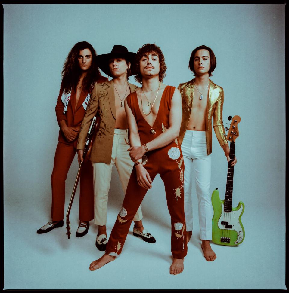 Rock band Greta Van Fleet pictured in 2021. From left: Danny Wagner, Jake Kiszka, Josh Kiszka, Sam Kiszka.