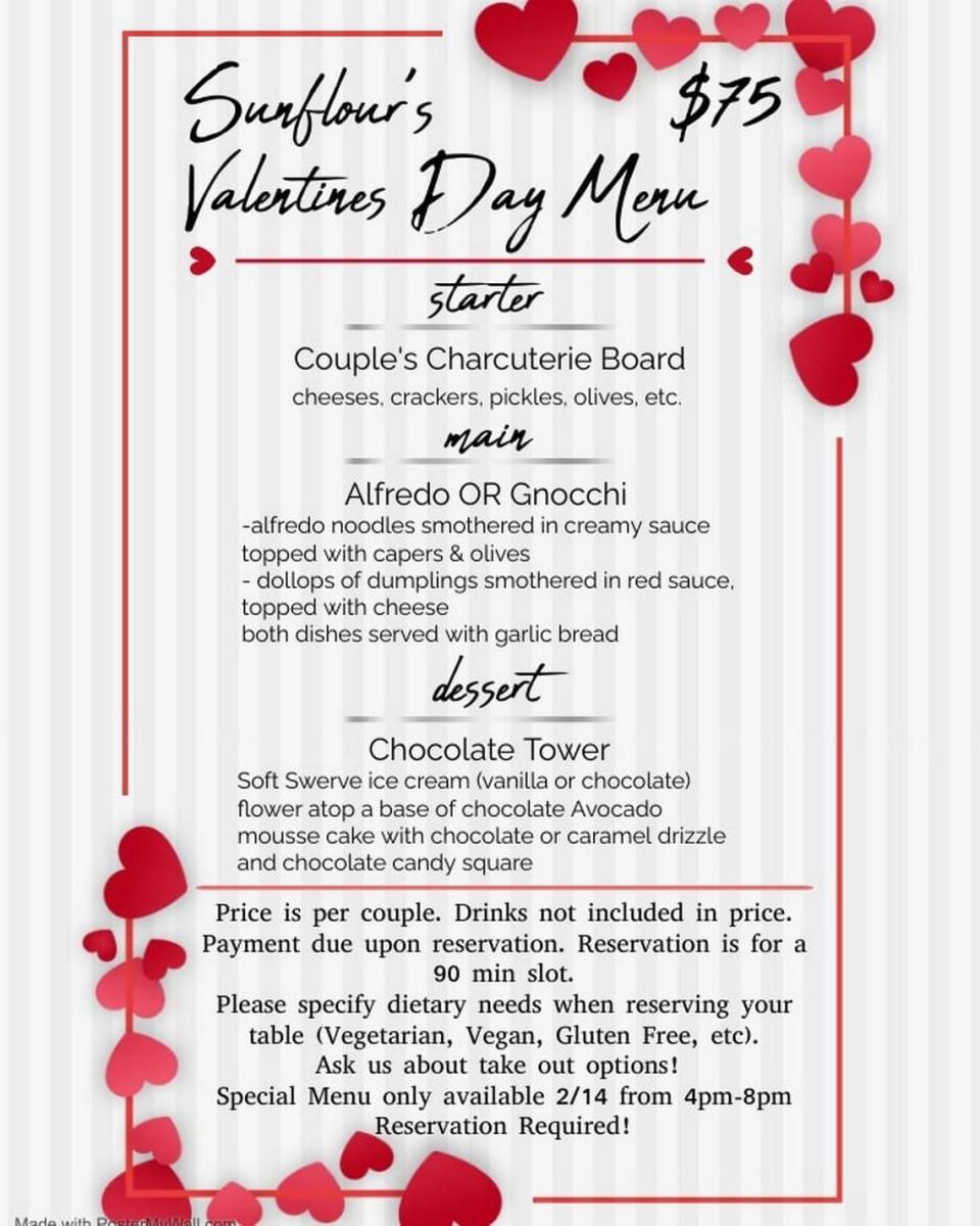 Details on the special Valentine’s Day menu being offered at Wichita’s Sunflour Cafe