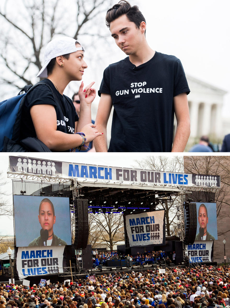 UNITED STATES - MARCH 25: David Hogg and Emma Gonzalez, survivors of the Marjory Stoneman Douglas High School shooting in Parkland, Fla., assemble on the East Front of the Capitol during a rally to organize letters to be delivered to congressional offices calling for an expansion of background checks on gun purchases on Monday, March 25, 2019. The Letters for Change event was held in commemoration of the one year anniversary of the March For Our Lives DC. 

FILE - In this March 24, 2018, file photo, Cuban-American and Parkland activist Emma Gonzalez, a survivor of the mass shooting at Marjory Stoneman Douglas High School in Parkland, Fla., addresses the 