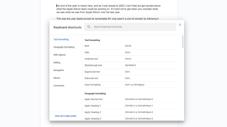 Google Docs screenshot showing list of commands