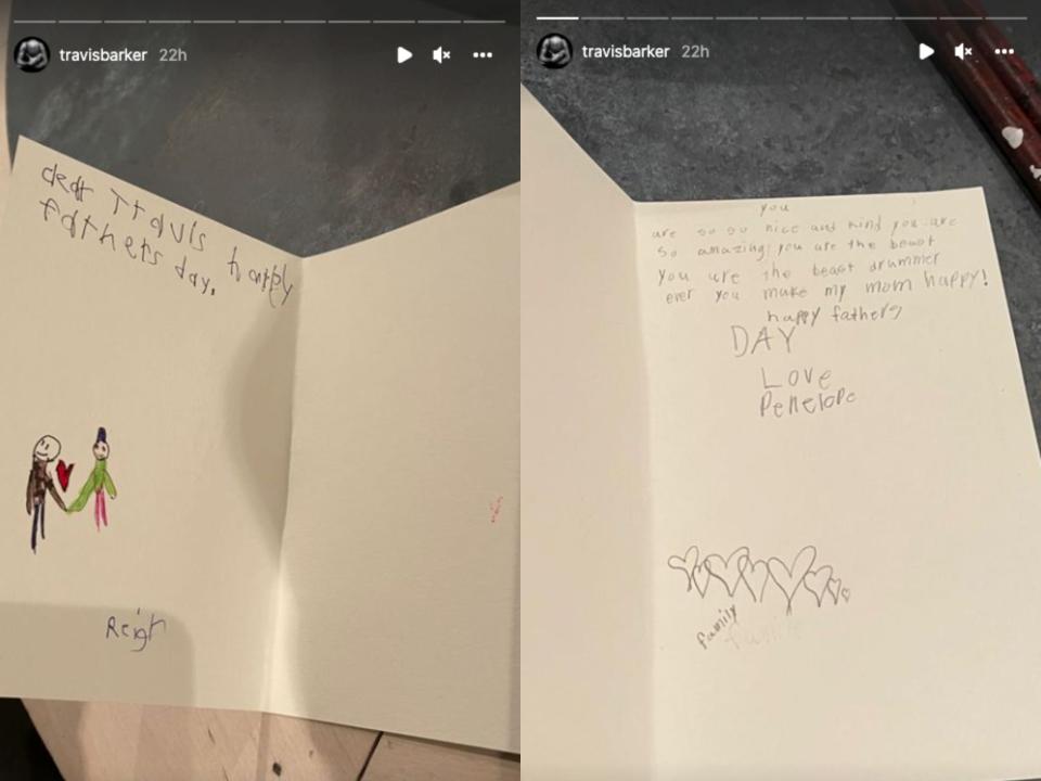 two images of handmade father's day cards written to travis barker, the left is from reign disick and reads "happy fathers day" and the right is from penelope disick and says that he makes her mom happy