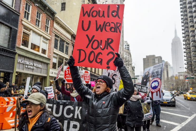 Protestors call out Canada Goose for its use of coyote fur at a recent protest. (Photo: Getty Images)