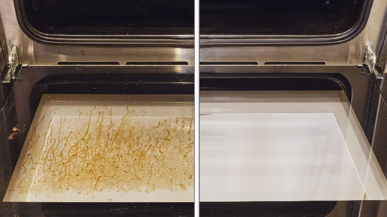 A dirty versus clean oven door