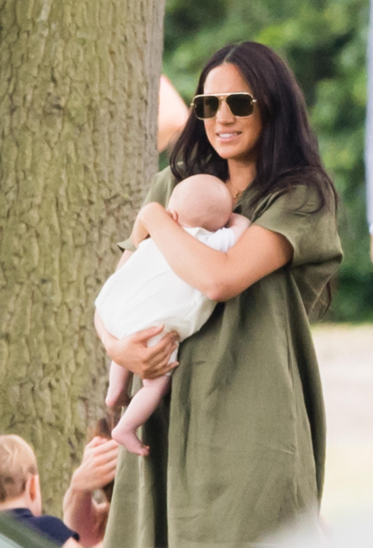 WOKINGHAM, ENGLAND - JULY 10: Meghan, Duchess of Sussex and Archie Harrison Mountbatten-Windsor attend The King Power Royal Charity Polo Day at Billingbear Polo Club on July 10, 2019 in Wokingham, England. (Photo by Samir Hussein/WireImage)