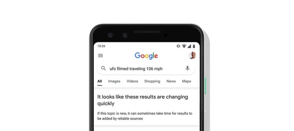 Google Search will show a prompt when results about a topic might be unreliable. - Credit: Google