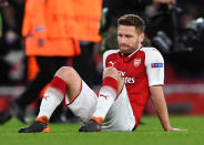 <p>Soccer Football – Europa League Semi Final First Leg – Arsenal vs Atletico Madrid – Emirates Stadium, London, Britain – April 26, 2018 Arsenal’s Shkodran Mustafi reacts after the game REUTERS/Dylan Martinez </p>