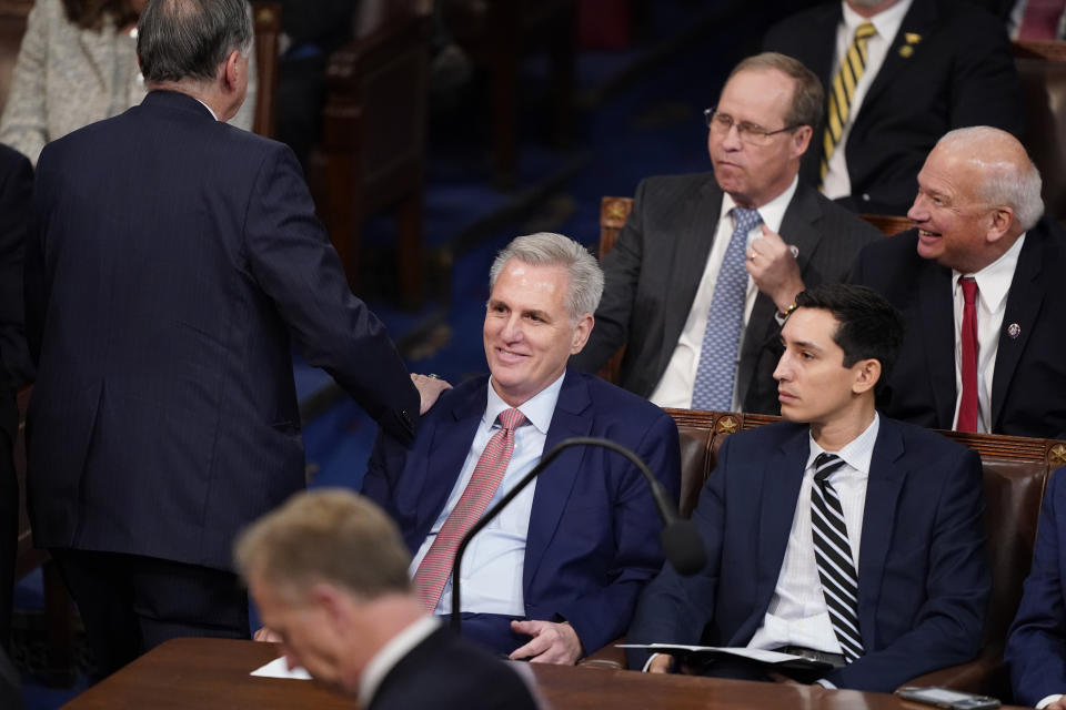 Rep. Kevin McCarthy, R-Calif., listens during the second round of votes for Speaker of the House on the opening day of the 118th Congress at the U.S. Capitol, Tuesday, Jan. 3, 2023, in Washington.(AP Photo/Alex Brandon)