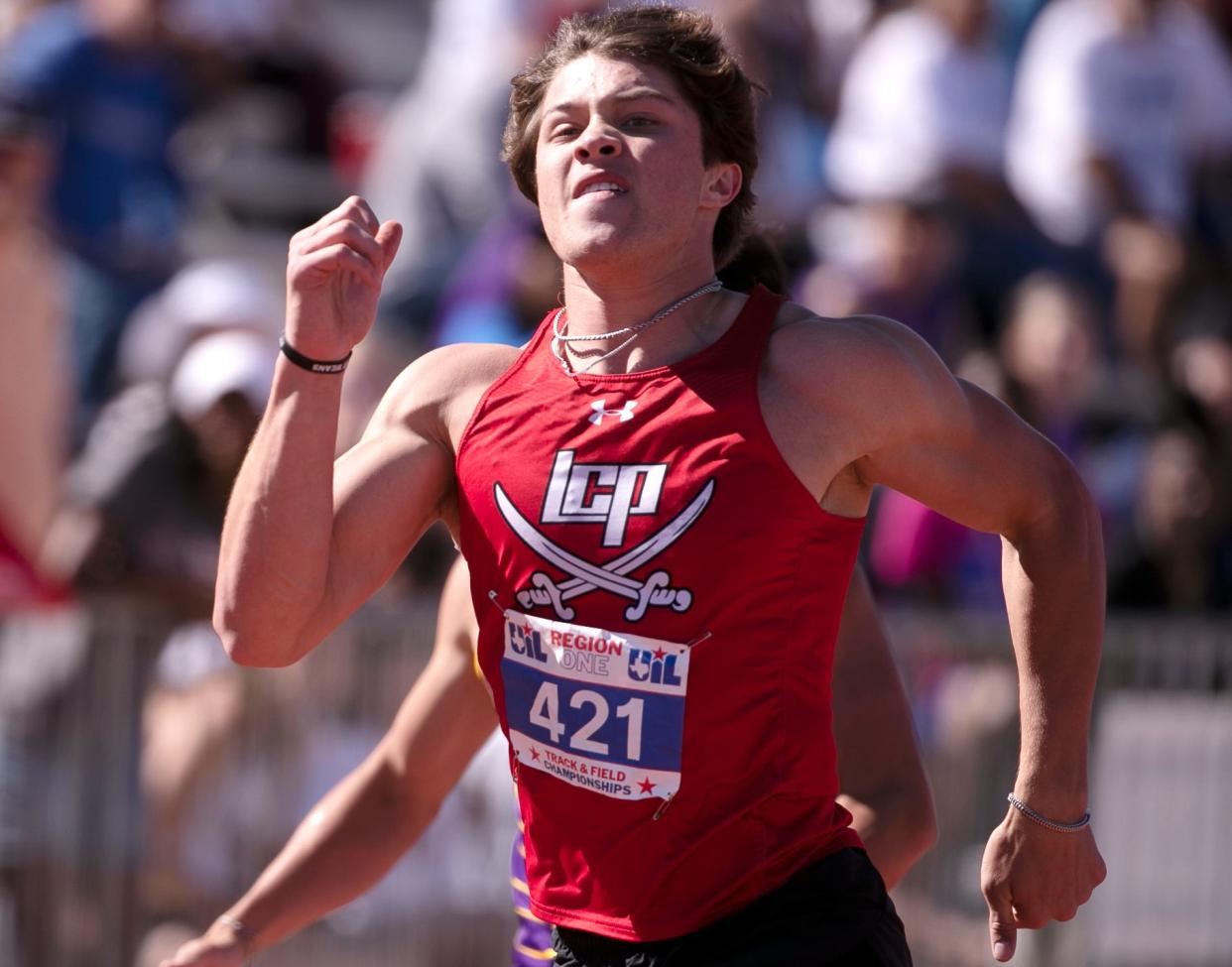 Lubbock-Cooper’s Cal Ritz competes in the 200 meter dash during the Region I-5A track and field meet, Saturday, April 29, 2023, at Lowrey Field. 