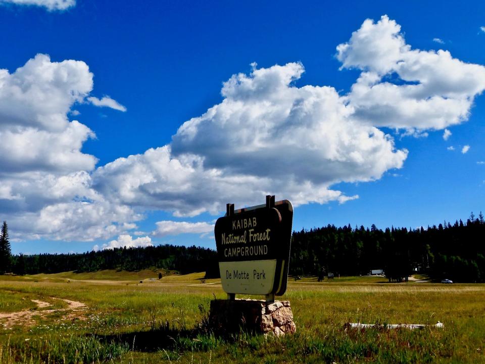 Sitting at the edge of vast meadows, fringed by mixed conifer forest, DeMotte Campground offers 38 single-family sites for tents and RVs near the North Rim of Grand Canyon.