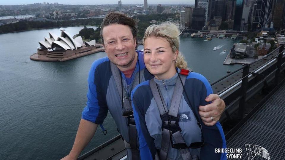 Jamie Oliver and Poppy climbing the Sydney Harbour bridge