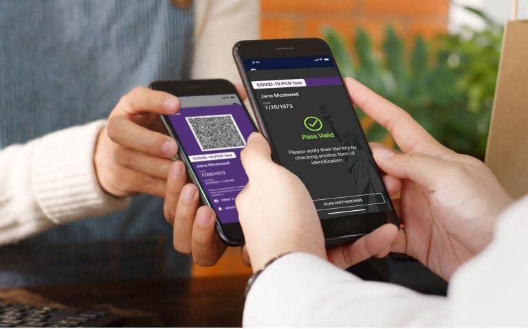 The Excelsior Pass app produces a QR code that can be read by a scanner to verify a person's COVID-19 vaccine and testing status.