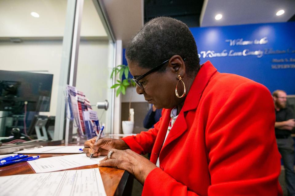 Former Tallahassee City Commissioner and Mayor Dot Inman-Johnson files campaign paperwork at the Leon County Supervisor of Elections Office to run for Tallahassee City Commission Seat 2 in the 2024 election on Tuesday, June 6, 2023