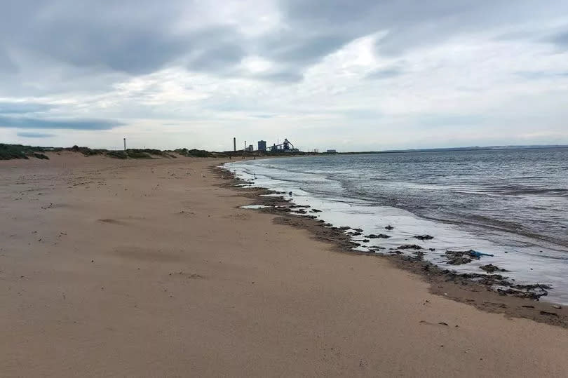 The beach and sand dunes at Coatham with the disused steelworks in the background. The steelworks has since been demolished