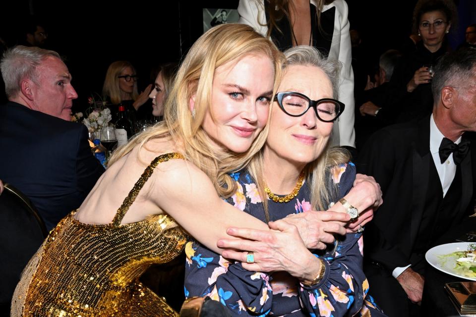 Nicole Kidman and Meryl Streep share a hug at the AFI Life Achievement Award Gala on April 27, 2024.