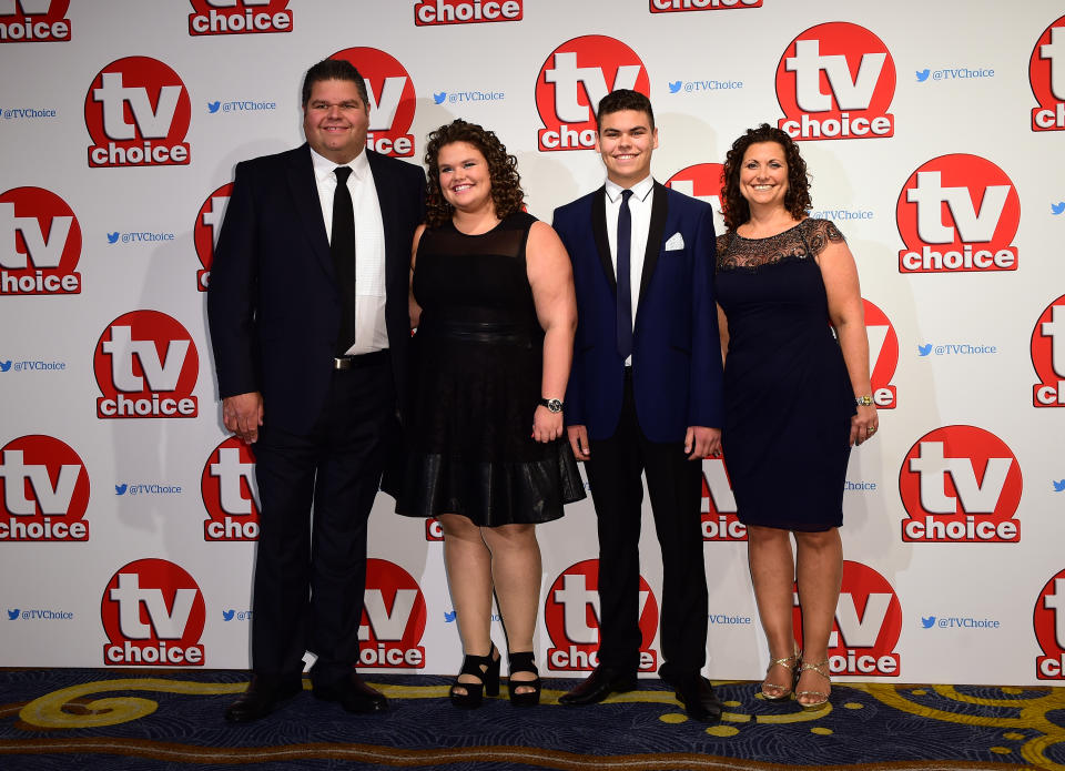 The Tapper Family from Gogglebox, Jonathan, Nikki and their kids Josh and Amy attending the 2015 TV Choice Awards at the Park Lane Hilton Hotel, London. PRESS ASSOCIATION Photo. Picture date: Monday September 7, 2015. See PA story SHOWBIZ TVChoice. Photo credit should read: Ian West/PA Wire