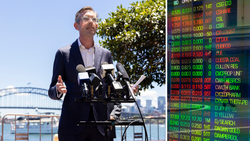 NSW Premier Dominic Perrottet and the ASX board showing company price changes.