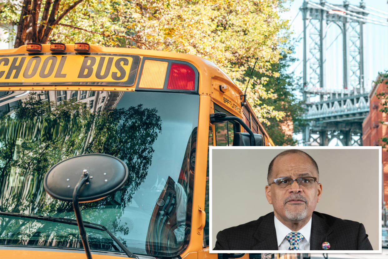 Chancellor David Banks in suit and tie on a yellow school bus, representing data breach impacting 387,000 NYC students