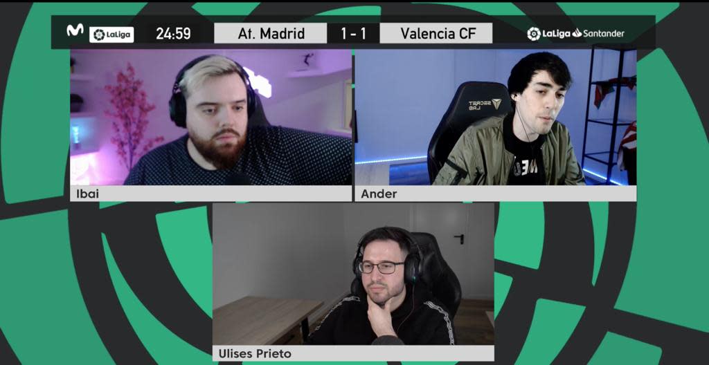 Ibai Llanos, Ander Cortés y Ulises Prieto durante la retransmisión del Atlético-Valencia. Foto: Twitch.