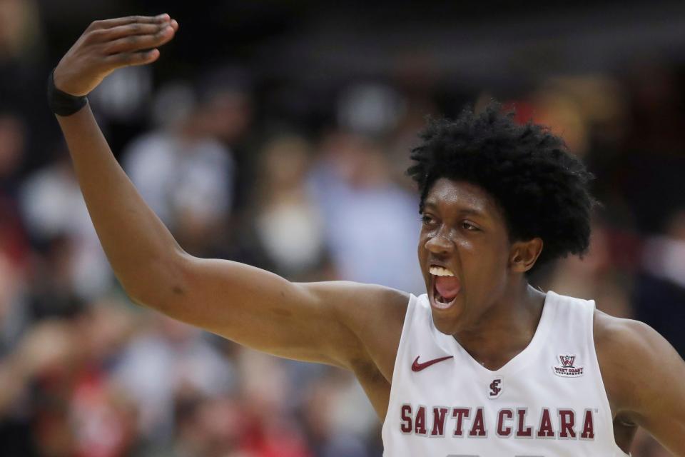 Santa Clara guard Jalen Williams gestures after scoring against Gonzaga during the second half of an NCAA college basketball game in Santa Clara, Calif., Thursday, Jan. 30, 2020. (AP Photo/Jeff Chiu)