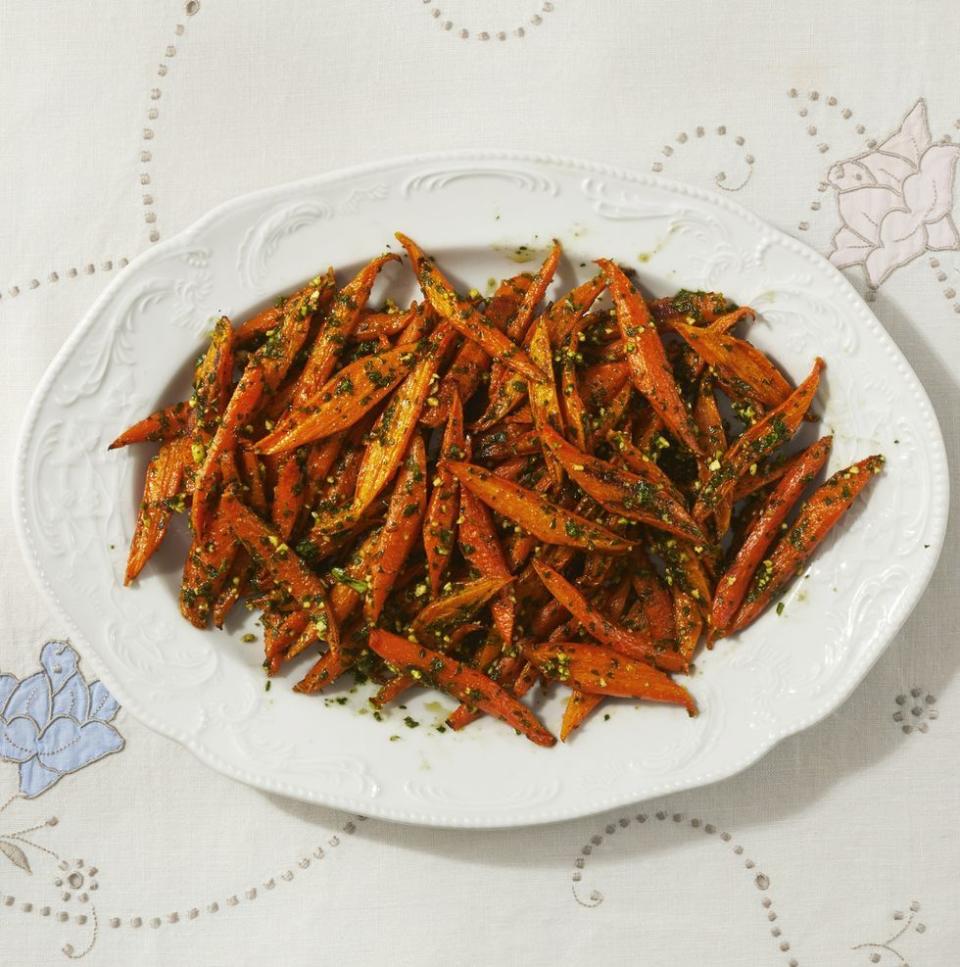 easter dinner ideas roasted carrots with spring pesto on white plate